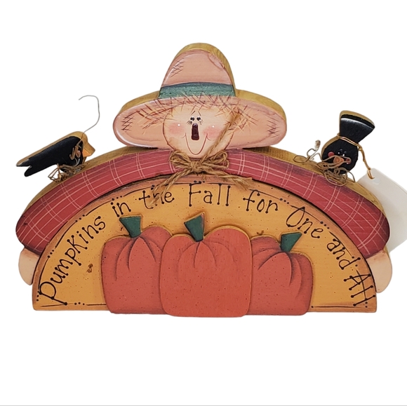 Scarecrow Pumpkins Crows Vintage Wooden Shelf Sitter Hand Crafted Fall Autumn - Picture 8 of 10